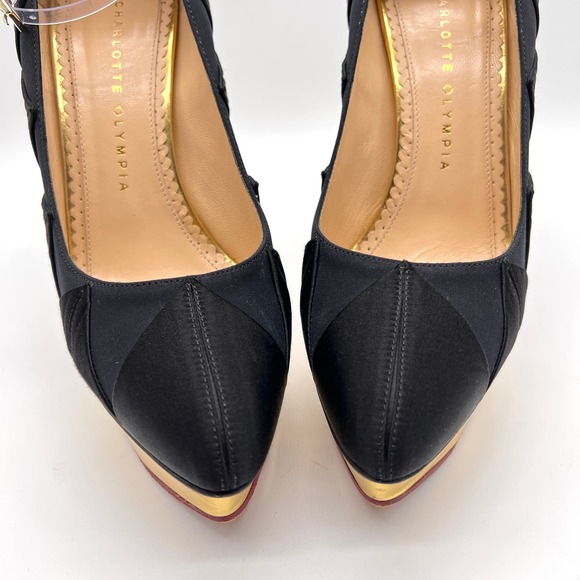 CHARLOTTE OLYMPIA Heels Womens 37 Black Gold Satin Pump Platform Ankle Strap - Picture 2 of 15